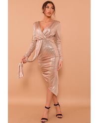 Boutique Store Rose Gold Ruched One Side Metallic Front Wrap Bodycon Dress - Multicolour