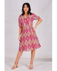 Boutique Store - Pink Printed Belted Mini Pleated Shirt Dress - Lyst