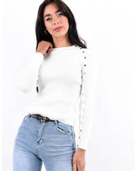 Boutique Store White Button Detail Long Sleeve Ribbed Top