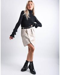 Boutique Store Cream Faux Leather Belted Asymmetrical Mini Skirt - Multicolour