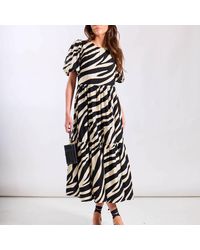 Needs No Label - Cream Animal Viscose Puff Sleeve Midi Dress - Lyst