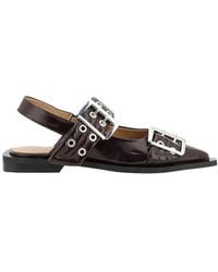 Ganni - Patent Leather Buckle Slingback Ballerinas Wo - Lyst