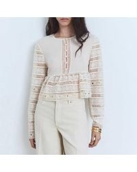 Mango - Off Embroidered Cotton Blouse With Openwork Details - Lyst