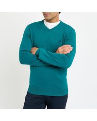Crew - Dark V Neck Cotton Logo Jumper - Lyst
