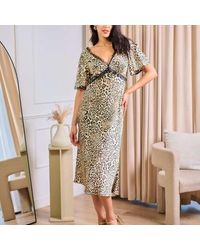 Needs No Label - Leopard Printed Lace Insert Midi Dress - Lyst