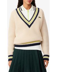 Lacoste - Cream Wool V-Neck Sweater - Lyst