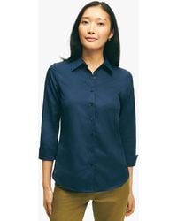 Brooks Brothers - Navy Fitted Stretch Cotton Sateen Three-quarter Sleeve Blouse - Lyst