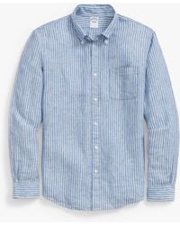 Brooks Brothers - Blue White Striped Regular Fit Linen Sport Shirt With Button Down Collar - Lyst