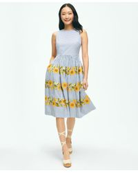 Brooks Brothers - Sunflower Embroidered Striped Fit-and-flare Dress In Cotton - Lyst