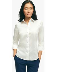 Brooks Brothers - White Fitted Stretch Cotton Sateen Three-quarter Sleeve Blouse - Lyst