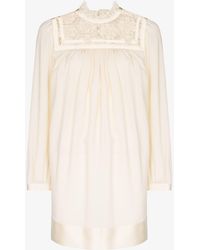 Saint Laurent - Neutral Lace-trim Wool Mini Dress - Women's - Silk/wool - Lyst