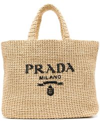 Prada - Beige Logo-embroidered Crochet Tote Bag - Lyst