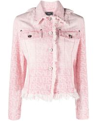 Versace - Women Denim Jacket With All Over Laser Logo And Frayed Details - Lyst