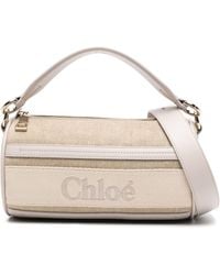 Chloé - Beige Logo-embroidered Linen Two-way Crossbody Bag - Lyst