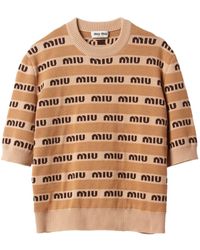 Miu Miu - Beige Intarsia Knit Logo Short Sleeve Top - Lyst