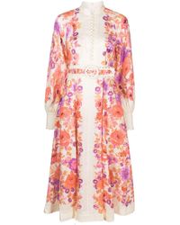Zimmermann - 'raie Billow' Midi Dress In Linen With Floral Motif - Lyst
