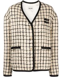 Miu Miu - Neutral Checked Tweed Jacket - Lyst