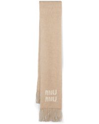 Miu Miu - Neutral Logo Jacquard Fringed Scarf - Women's - Polyamide/wool/mohair - Lyst
