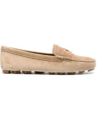 Miu Miu - Neutral Logo-embossed Suede Penny Loafers - Lyst