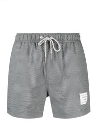 Thom Browne - Striped Seersucker-texture Swim Shorts - Lyst