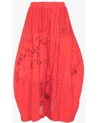 By Walid Nadia Patchwork Embroide Linen Midi Skirt - Red