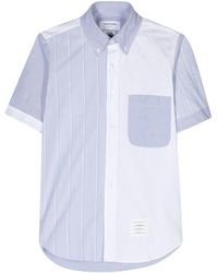 Thom Browne - Blue And Half-striped Short-sleeved Cotton Shirt - Lyst