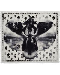 Alexander McQueen - Classic Skull Scarf With Orchid Print In Ivory And Black - Lyst
