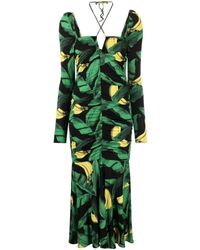 Ganni - Leaf-print Ruched Midi Dress - Women's - Viscose/spandex/elastane - Lyst