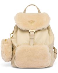 Prada - Neutral Shearling-panelled Leather Backpack - Lyst