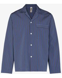 Tekla Stripe Organic Cotton Pajama Shirt - Blue
