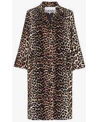 Ganni Leopard Print Linen Canvas Coat - Brown