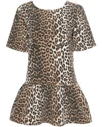 Ganni - Leopard-print Peplum-hem Mini Dress - Lyst
