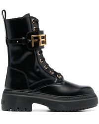 Fendi 50 Logo Leather Biker Boots - Black