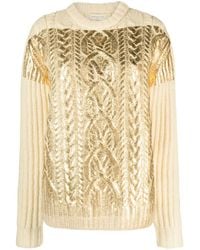 Dries Van Noten - Neutral Painted Foil Cable-knit Wool Sweater - Lyst
