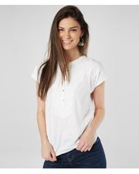 Lucky Brand Floral Embroidered Henley Top - White