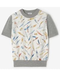 Burberry - Feather Print Panel Wool Silk T-Shirt - Lyst