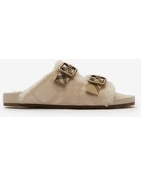 Burberry - Check Shearling Urchin Sandals - Lyst