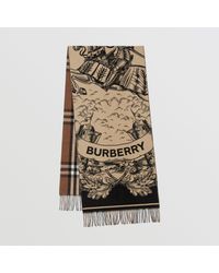 Burberry Reversible Label Print And Check Cashmere Scarf in Natural | Lyst