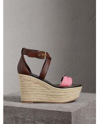 Burberry Leather And House Check Platform Espadrille Wedge Sandals - Brown