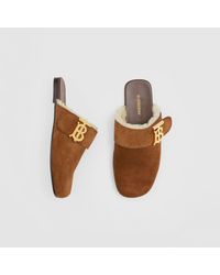 Burberry Monogram Detail Shearling-lined Suede Mules - Brown