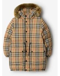 Burberry - Childrens Faux Fur Trim Check Nylon Puffer Coat - Lyst