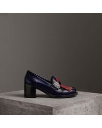 Burberry Contrast Kiltie Fringe Leather Block-heel Loafers - Blue