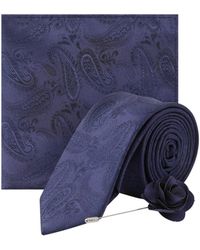 Burton Navy Wedding Paisley Design Tie And Matching Pocket Square With A Flower Pin - Blue