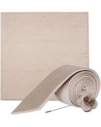 Burton Neutral Wedding Tie And Matching Pocket Square Set With A Flower Pin - Natural