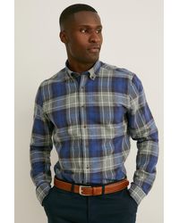 C&A Business-overhemd-slim Fit-button Down-linnenmix-geruit - Groen