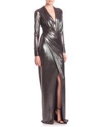 David Meister Long-sleeve Ruched Metallic Jersey Gown - Gray