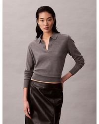 Calvin Klein - Merino Trui Met Camp-Kraag - Lyst