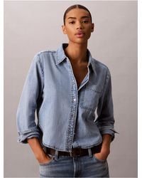 Calvin Klein - Calvin Klein Denim Cropped Relaxed Button-Down Shirt - Lyst