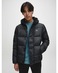 calvin klein shiny detachable hood puffer jacket in black