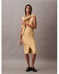 Calvin Klein Smooth Cotton Rib Sweater Midi V-Neck Dress in Natural | Lyst